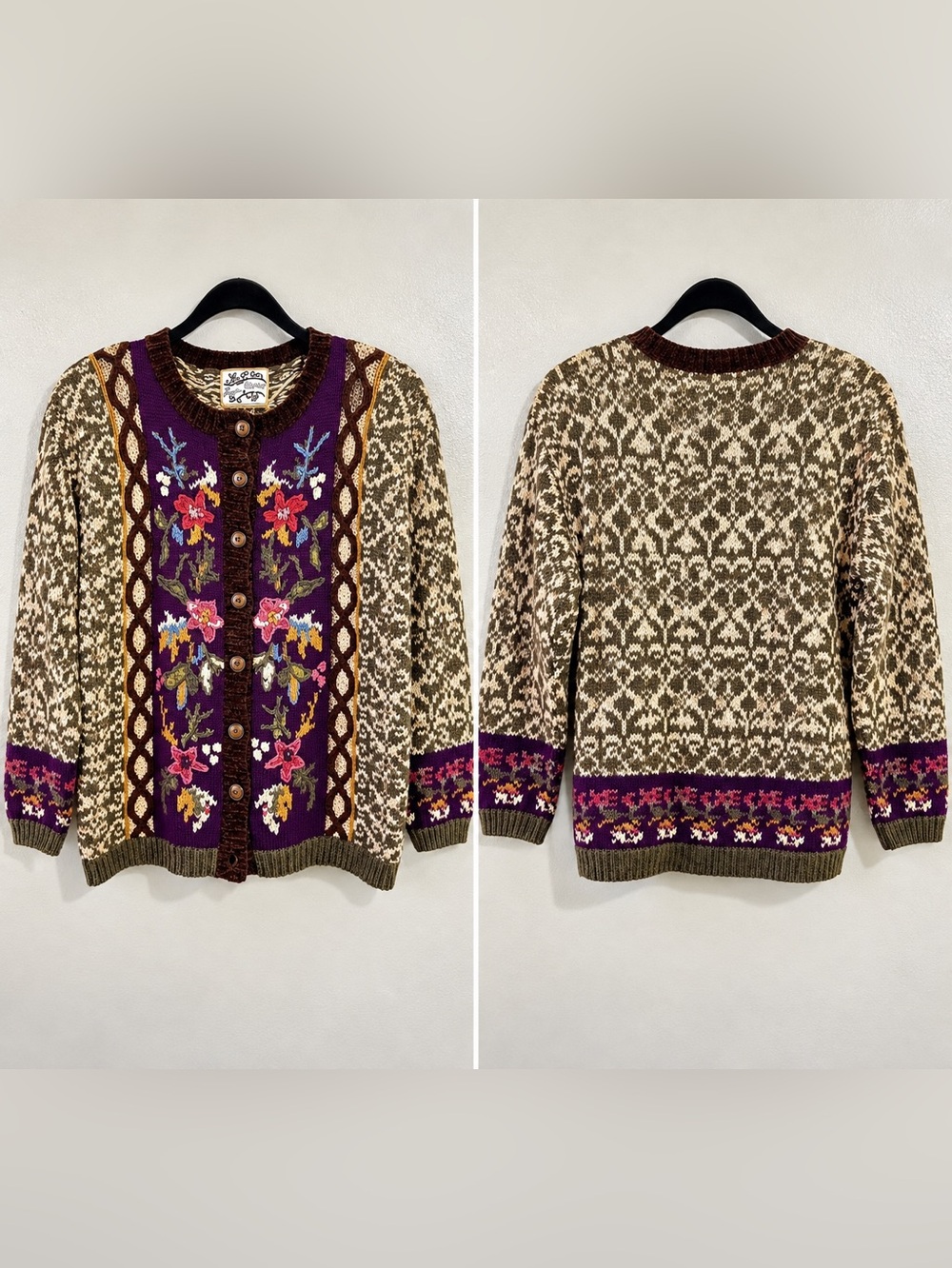 Floral Cottagecore Fair Isle Embroidered Knit Cardigan Sweater Medium Heirloom